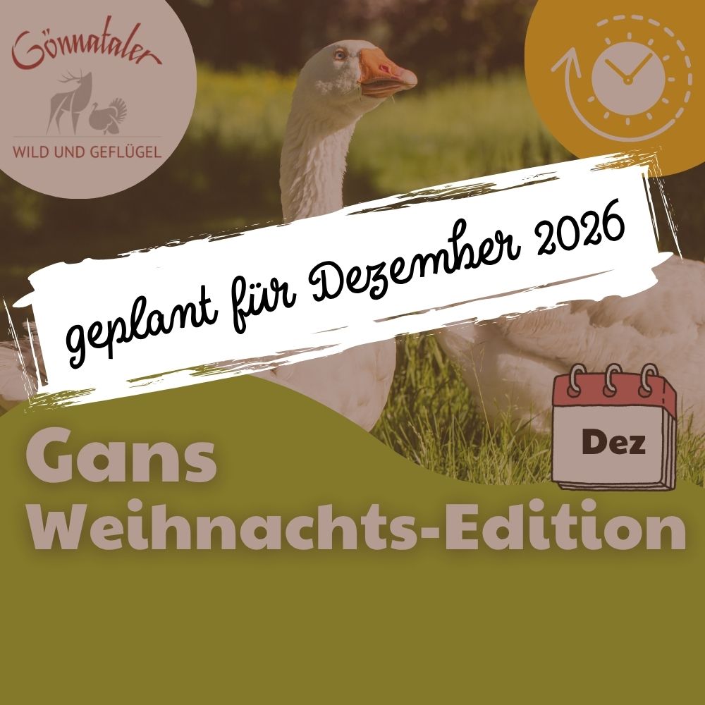 Werbegrafik zur Weihnachtsgans von Görnataler Wild und Geflügel mit einer weißen Gans auf einer Wiese und dem Hinweis „geplant für Dezember 2026“.